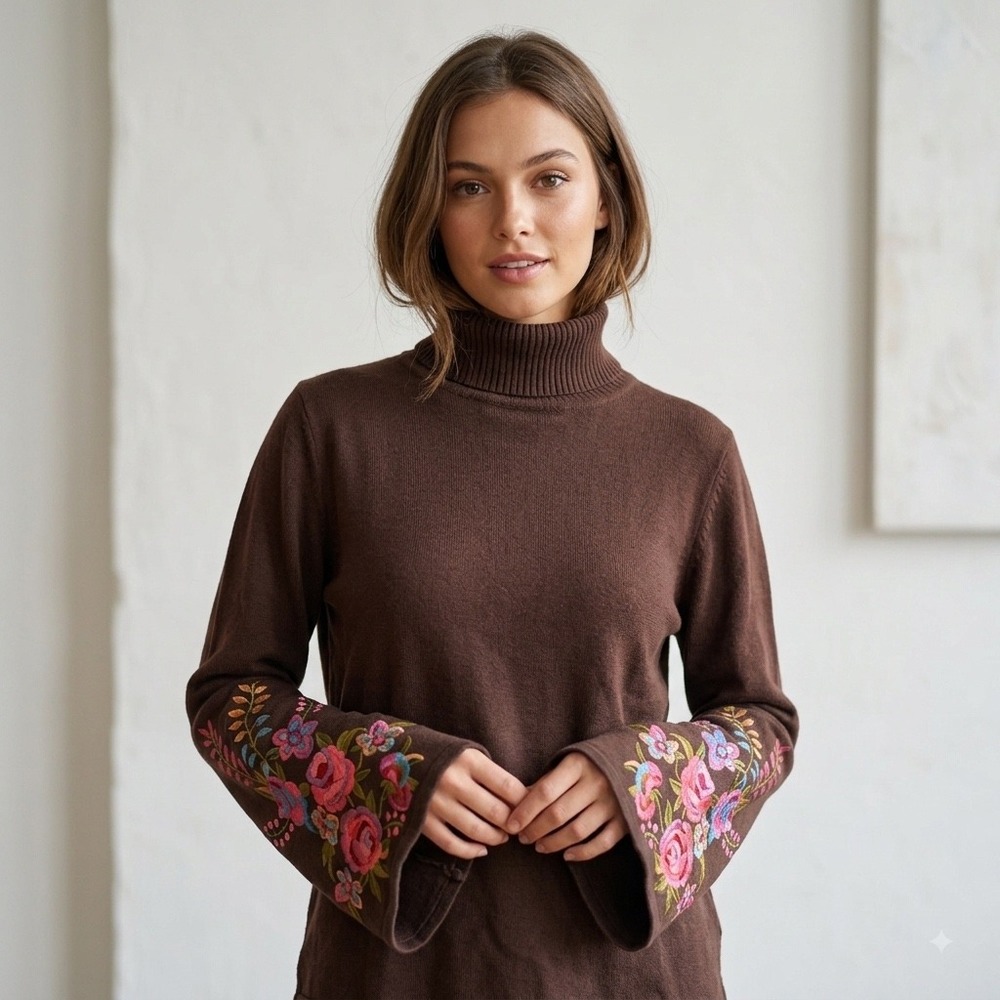 Linea by Louis DellOlio Brown Turtleneck Floral Embroidered Bell Sleeve M